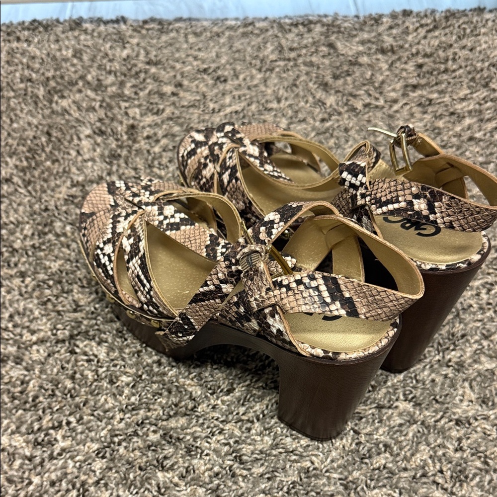 GBG Los Angeles Tan and Black Snake Print Platforms